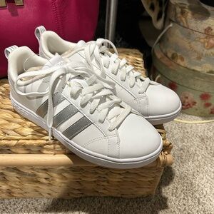 Adidas Women's White Sneakers with Gray Stripes